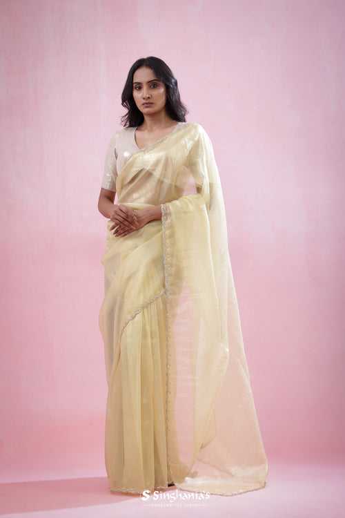 Vanilla Gold Tissue Organza Saree With Hand Embroidery