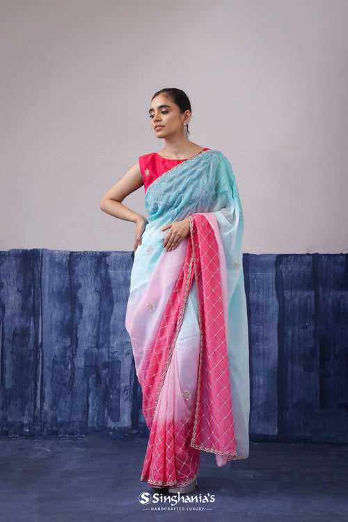 Sky Blue Embroidery Organza Saree With Contrast Border