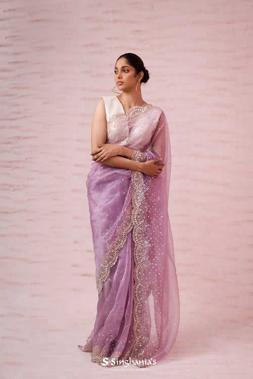 Plum Purple Tissue Organza Saree With Hand Embroidery