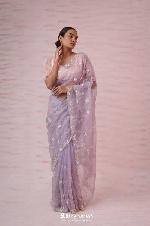 Languid Lavender Organza Saree With Hand Embroidery