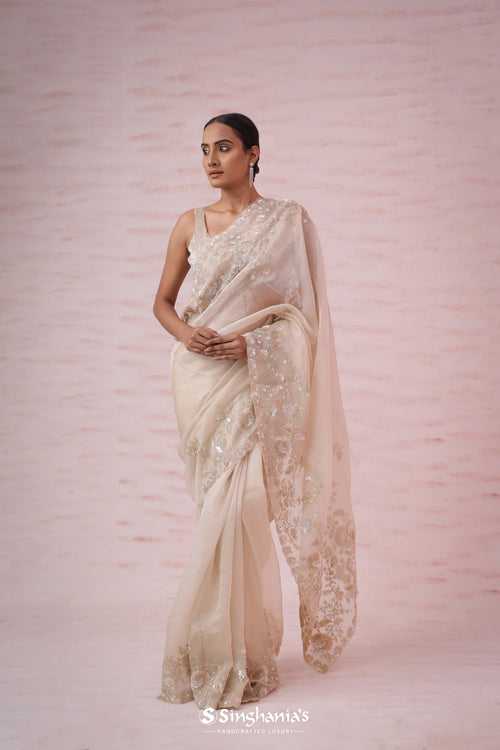 Pristine White Crushed Tissue Organza Saree With Hand Embroidery