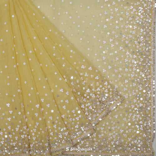 Pastel Yellow Organza Saree With Butti Embroidery