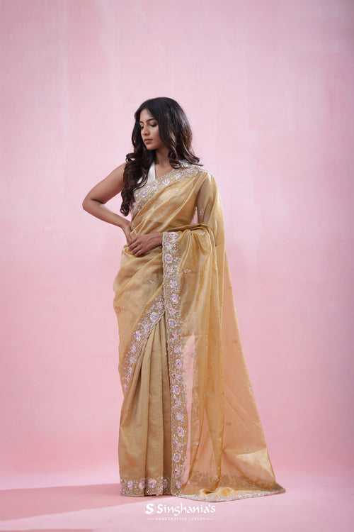 Metallic Gold Crushed Tissue Organza Saree With Hand Embroidery