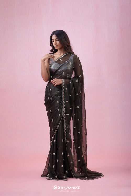 Coal Black Tissue Organza Saree With Zari Butti