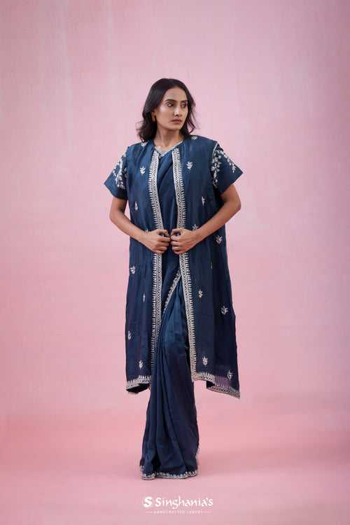 Prussian Blue Organza Saree With Hand Embroidery