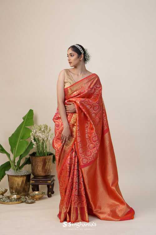 Tomato Orange Kanjivaram Silk Saree With Floral Butti Design