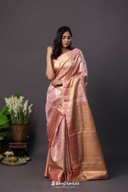 Pastel Peach Tissue Kanjivaram Silk Saree With Jaal Design