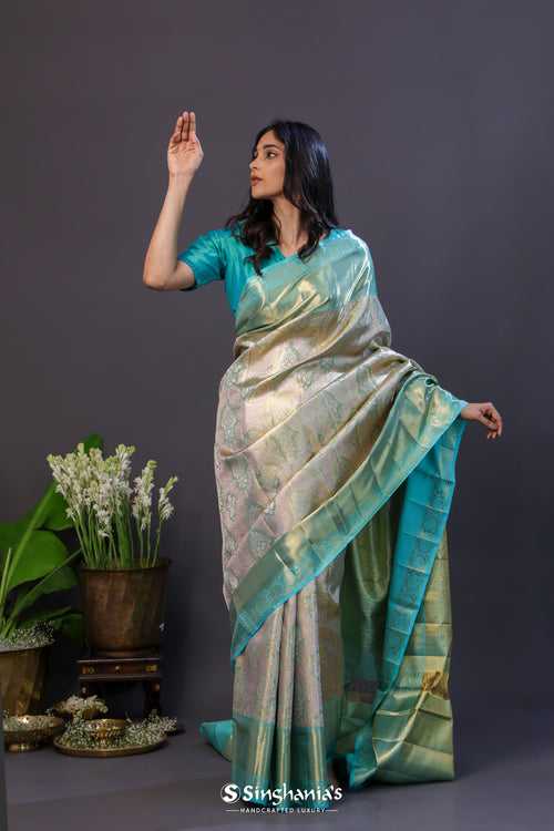 Pastel Green Tissue Kanjivaram Silk Saree With Contrast Big Border