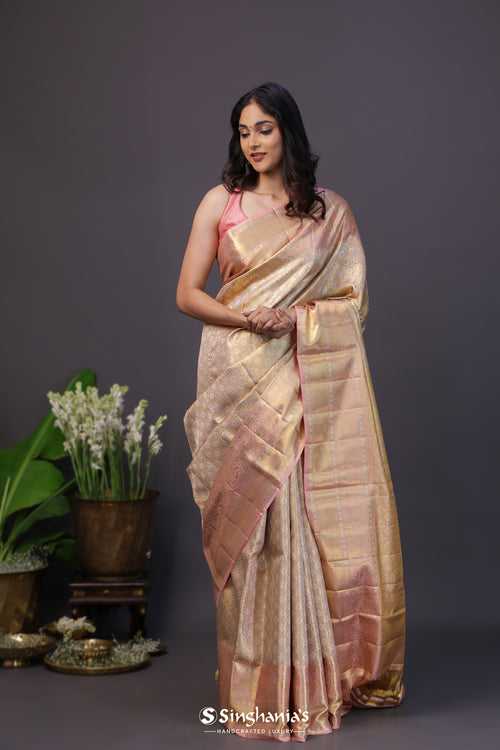 Pale Gold Tissue Kanjivaram Silk Saree With Meenakari Jaal