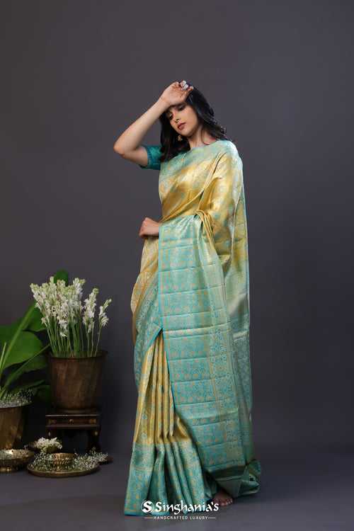 Pastel Yellow Tissue Kanjivaram Silk Saree With Meenakari Design