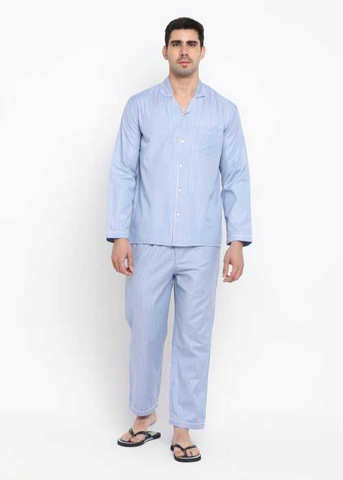 Hazy blue and white stripes long sleeve men's night suit