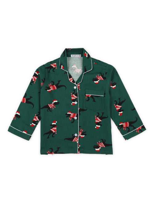 Christmas Dinosaur Green Print Cotton Flannel Long Sleeve Kid's Night Suit