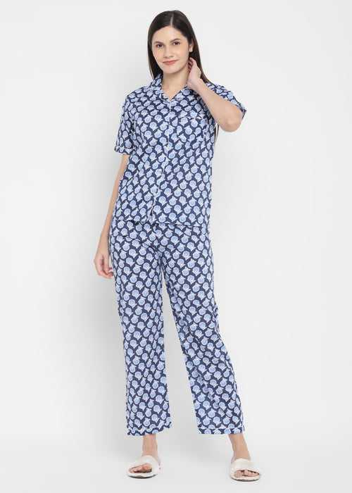 Blue Bud Print Short Sleeve Women's Night Suit