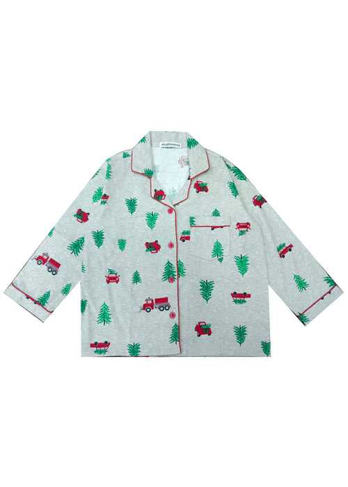 Car and Tree Print Cotton Flannel Long Sleeve Kid's Night Suit
