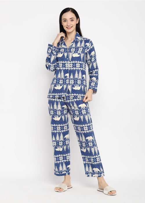 Blue Winterland Print Cotton Flannel Long Sleeve Women's Night Suit