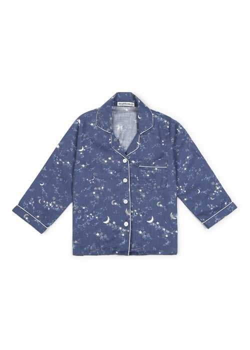 Blue Star and Moon Print Cotton Flannel Long Sleeve Kid's Night Suit