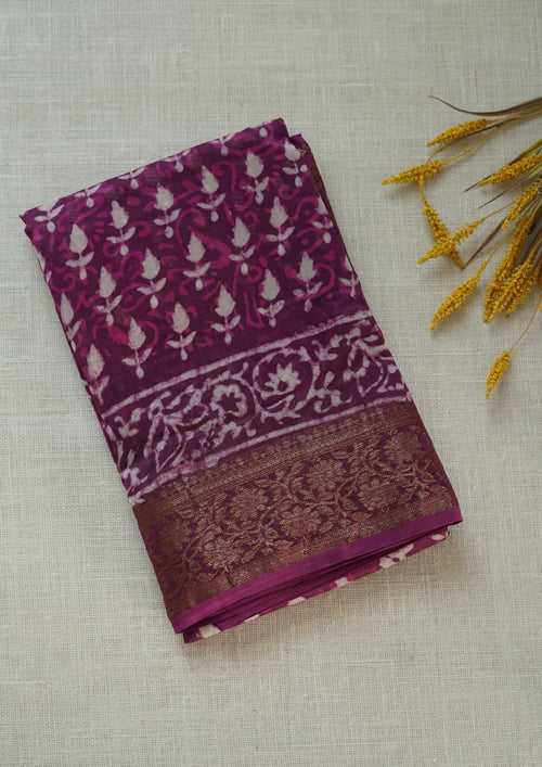 Magenta Chettinad Cotton Saree with Gold Zari