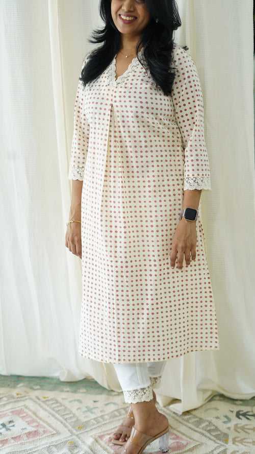 Mahi White and pink dots Pleated Kurti