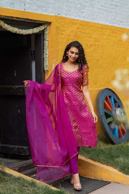 Smriti Magenta Brocade Kurti Set