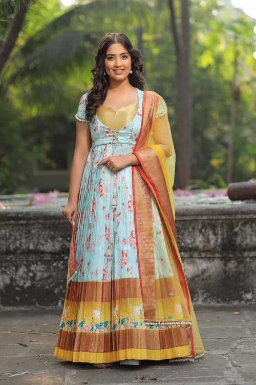 Blue Floral Printed Banarasi Silk Dress (FW)