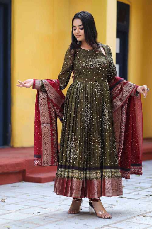 Mehandi Green and Maroon Mysore Silk Anarkali Set(FW)