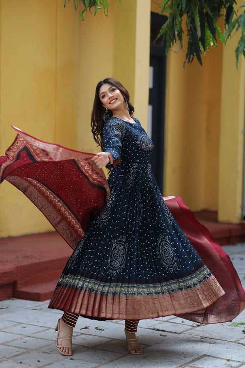 Navy Blue and Maroon Mysore Silk Anarkali Dress( FW )