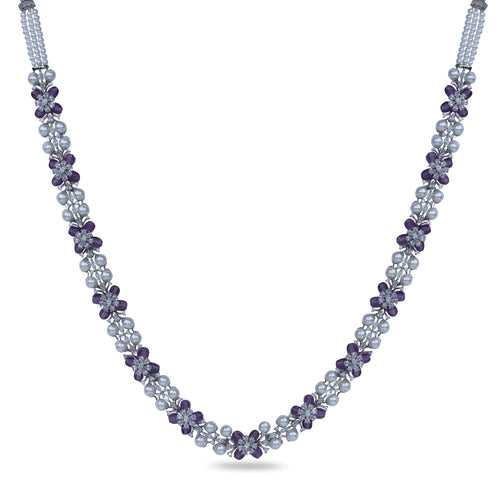 Floral Grace CZ Lavender Beads & Pearl Long Necklace