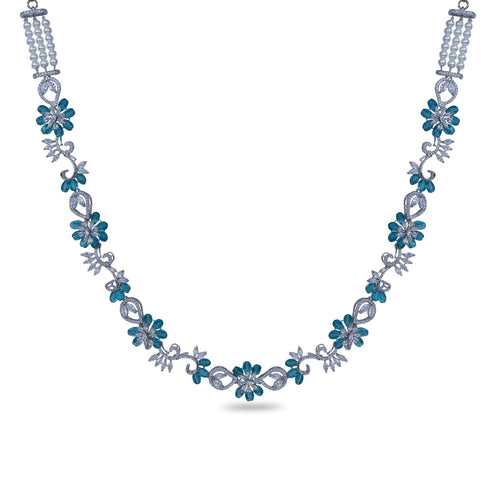 Floral Petal CZ Aqua Beads Necklace