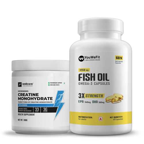 Pro Performance Duo -YouWeFit Omega-3 Fish Oil (60 Capsules, 1250mg Triple Strength Fish Oil) + Wellcore Creatine Monohydrate (100gm, 33 Servings)