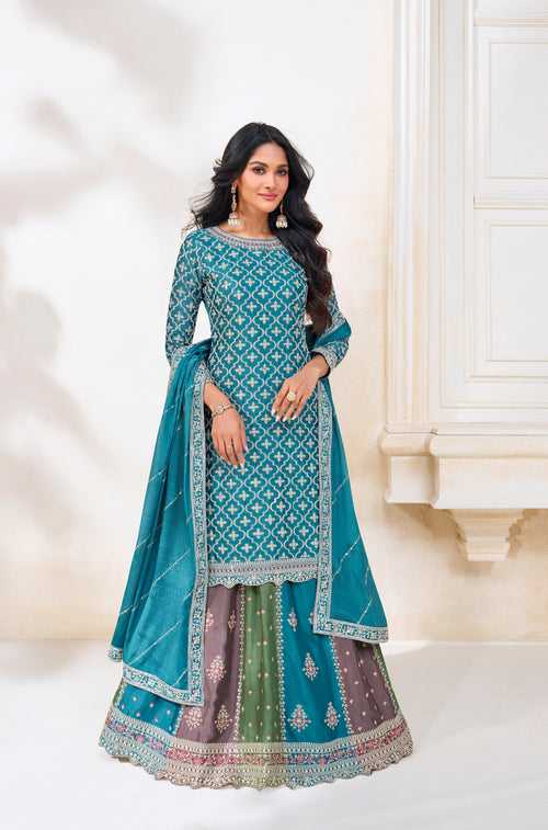 Embroidered Chinnon Chiffon Lehenga in Teal Blue