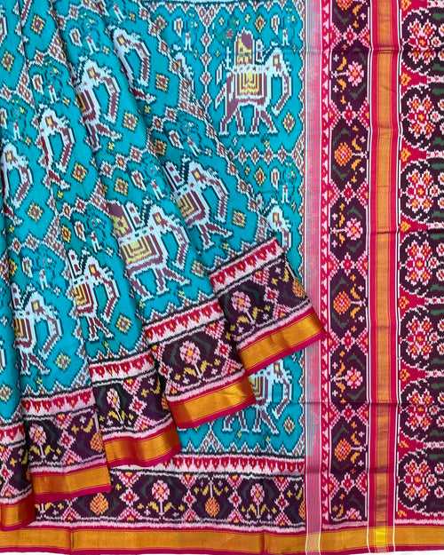 Pink & Sky Blue Big Figure Elephant Patola Saree