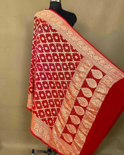Red & Carrot Pink Shaded Georgette Bandhani Dupatta