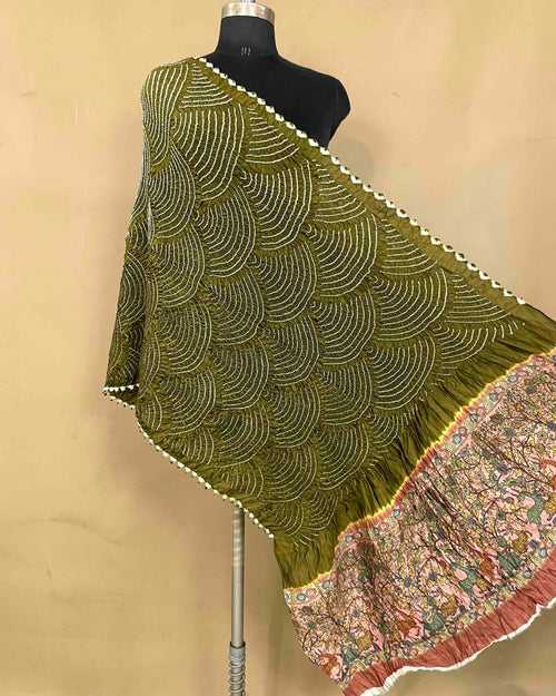 Baby Pink & Mehendi Green Kalamkari Bandhani Dupatta