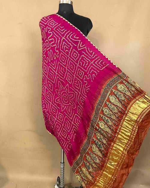 Rust & Pink Gajji Ajrakh Bandhani Dupatta