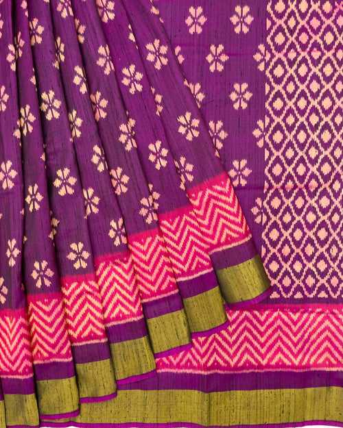 Purple & Pink Fancy Flower with Zigzag Scut Border Raw Silk Patola Saree