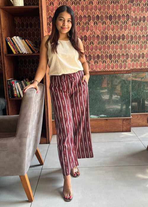 Maroon wide legged Ikat pants