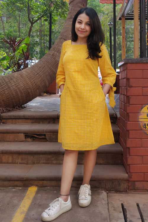 Yellow checks shift dress