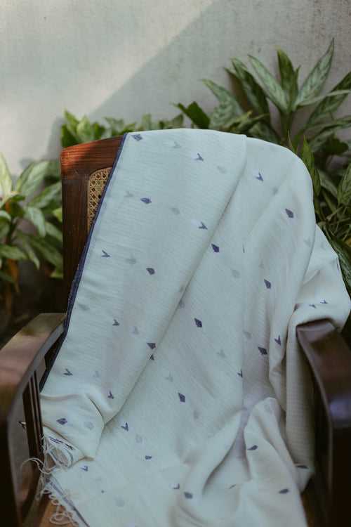 White & Indigo - Handloom Linen Jamdani Saree