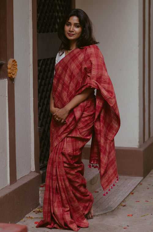 Red & Golden Zari Handloom Cotton Saree