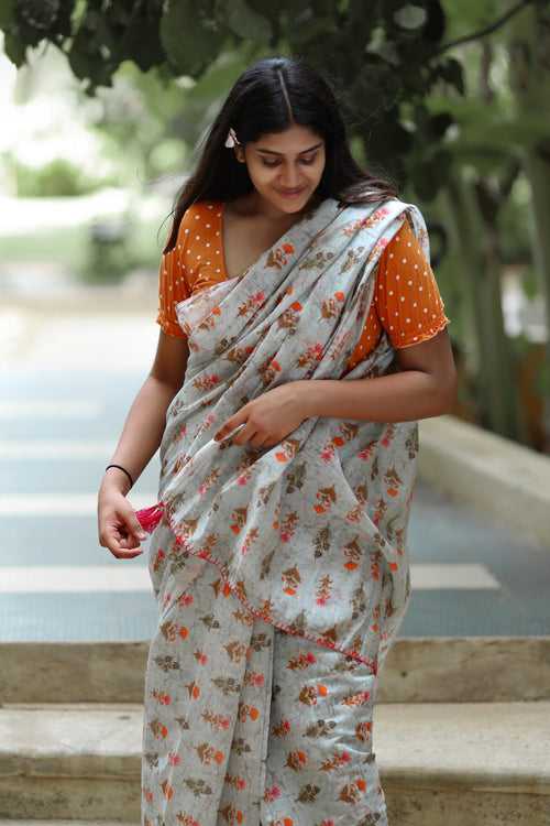 Orange Floral Prints On Grey - Pure Chanderi Silk Saree