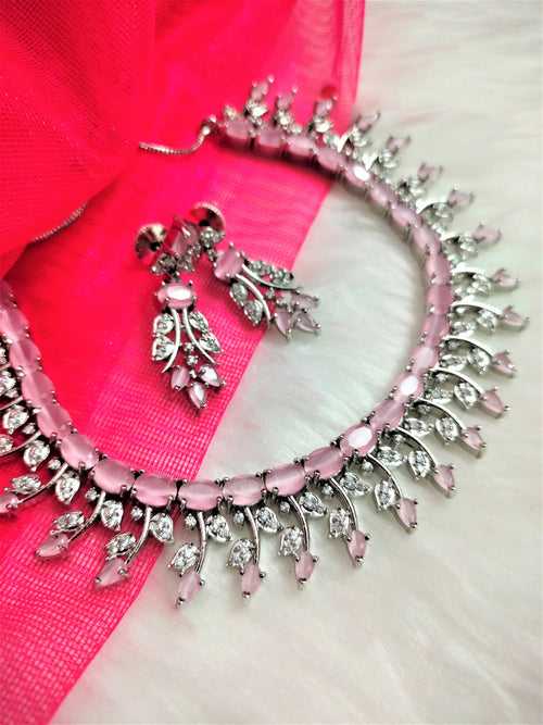 N01185_Grand Lovely designer Silver polished Necklace Set  embellished with American diamond stones with delicate Pink Stones .