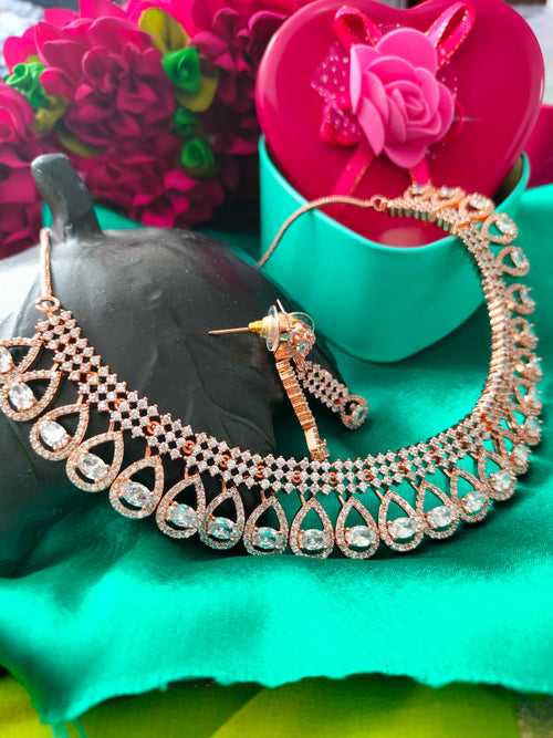 N01206_Grand Lovely designer Rose Gold polished choker Necklace Set  embellished with American diamond stones with delicate white Stones work.