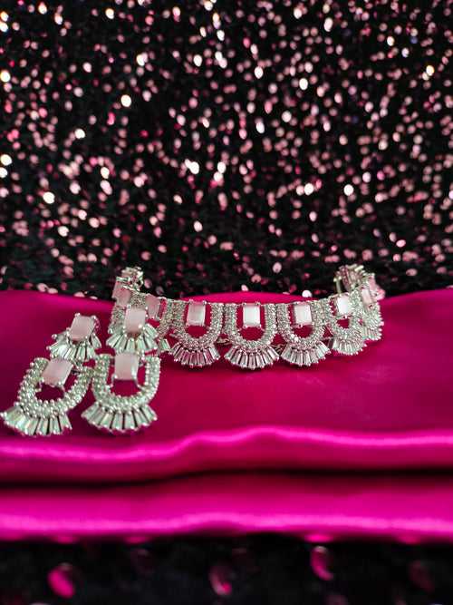 N02010_Gorgeous  designer silver polished American diamond embellished choker necklace set with a touch of Pink & white stones.