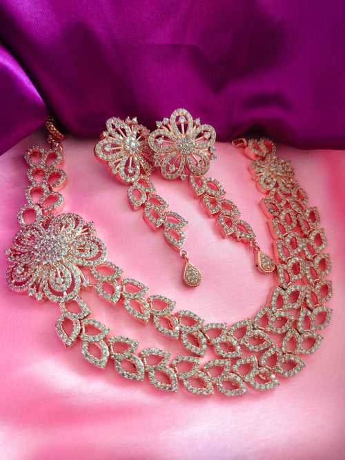 N03003_Classic Rose gold polished choker style crafted design necklace set embellished with  white stones .