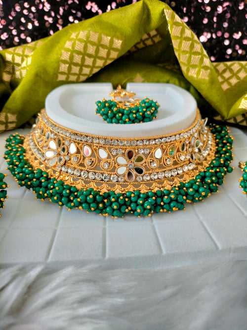 N03045_Bridal Green Gorgeous  designer gold polished mirror work embellished necklace set with one short & one long designer necklace set, grand earring and maangtika