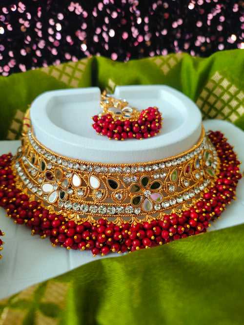 N03048_Bridal Maroon Gorgeous designer gold polished mirror work embellished necklace set with one short & one long designer necklace set, grand earring and maangtika