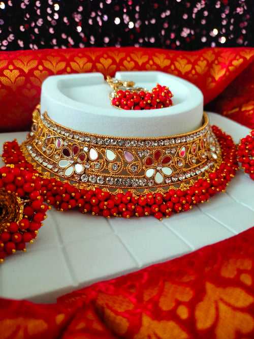 N03049_Bridal Red Gorgeous designer gold polished mirror work embellished necklace set with one short & one long designer necklace set, grand earring and maangtika