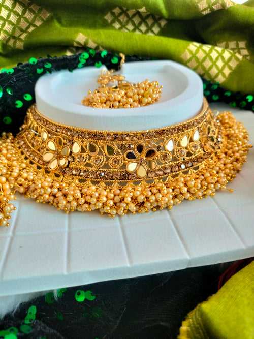 N03046_Bridal Golden Gorgeous designer gold polished mirror work embellished necklace set with one short & one long designer necklace set, grand earring and maangtika