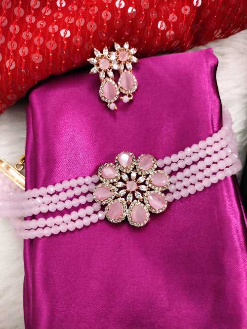 N02025_Classic designer Baby Pink pearl crystal Grand Flower shaped pendant choker necklace set studded  with  American diamond stones.