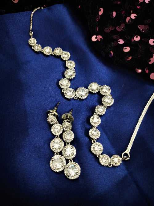 N01177_Grand Lovely designer Silver polished Necklace Set  embellished with American diamond stones with delicate white Stones .